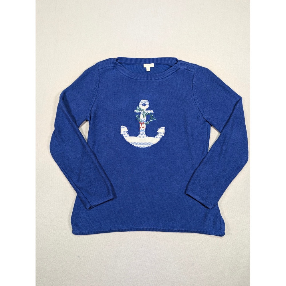 Talbots Womens Blue Anchor Wreath Intarsia Cotton Blend Sweater Size M